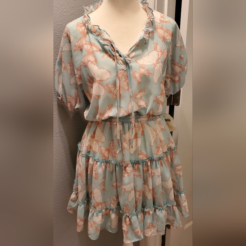 NWT mint green butterfly print flounce dress.